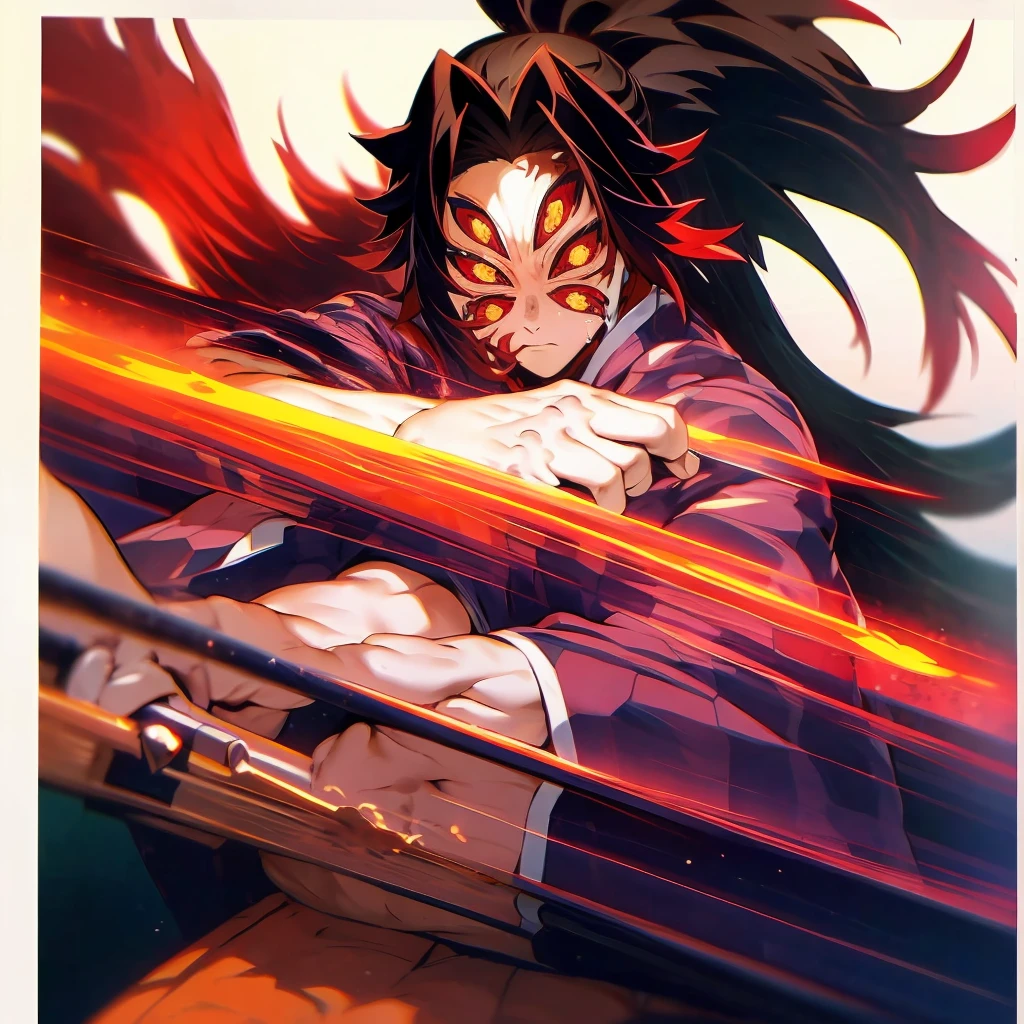 Kokushibo, cool, dynamic, 8k, with Kokushibo's sword, in fire
(best quality, 8k, highres, masterpiece:1.2), dynamic, powerful, intense, beautiful detailed eyes, detailed facial features, flowing long hair, confident stance, fierce expression, sharp and elegant sword, vibrant flames surrounding Kokushibo, dramatic lighting and shadows, realistic fire effects, rich and saturated colors, capturing the essence of Kokushibo's strength and presence, artistic brush strokes and textures, harmonious composition, masterfully capturing the intensity and energy of the scene.