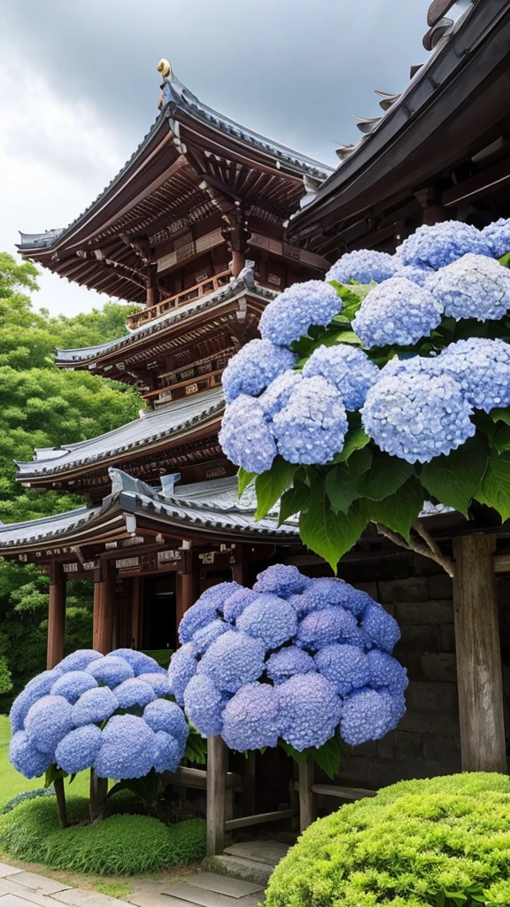 Fantastic landscape、Hydrangea in bloom, old temple, weather cloudy.
