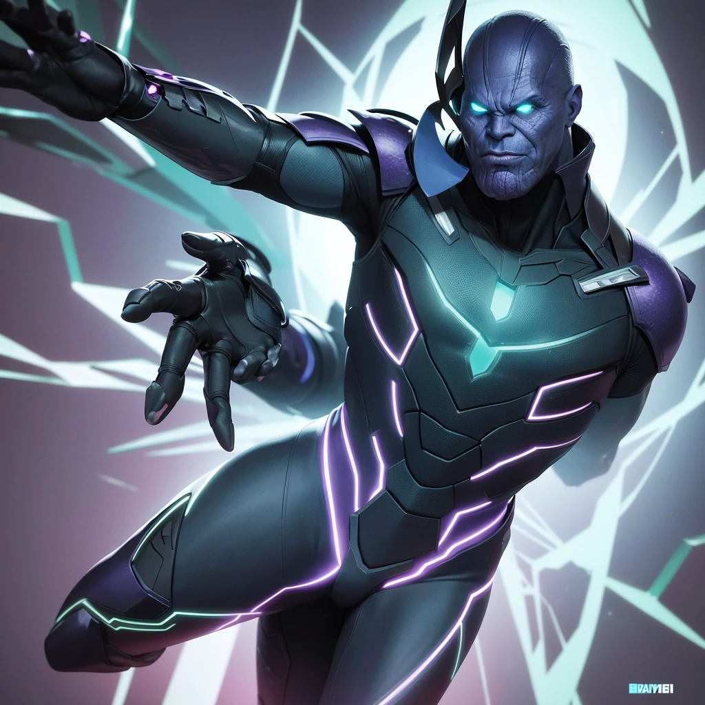 Create an intriguing scene featuring a rendition of the movie character Thanos. He should be depicted in black attire, exuding a mysterious aura against a dark and atmospheric background resembling a YouTuber's room. Incorporate elements such as green LED lights or holographic displays with subtle nods to the matrix-like digital aesthetics.