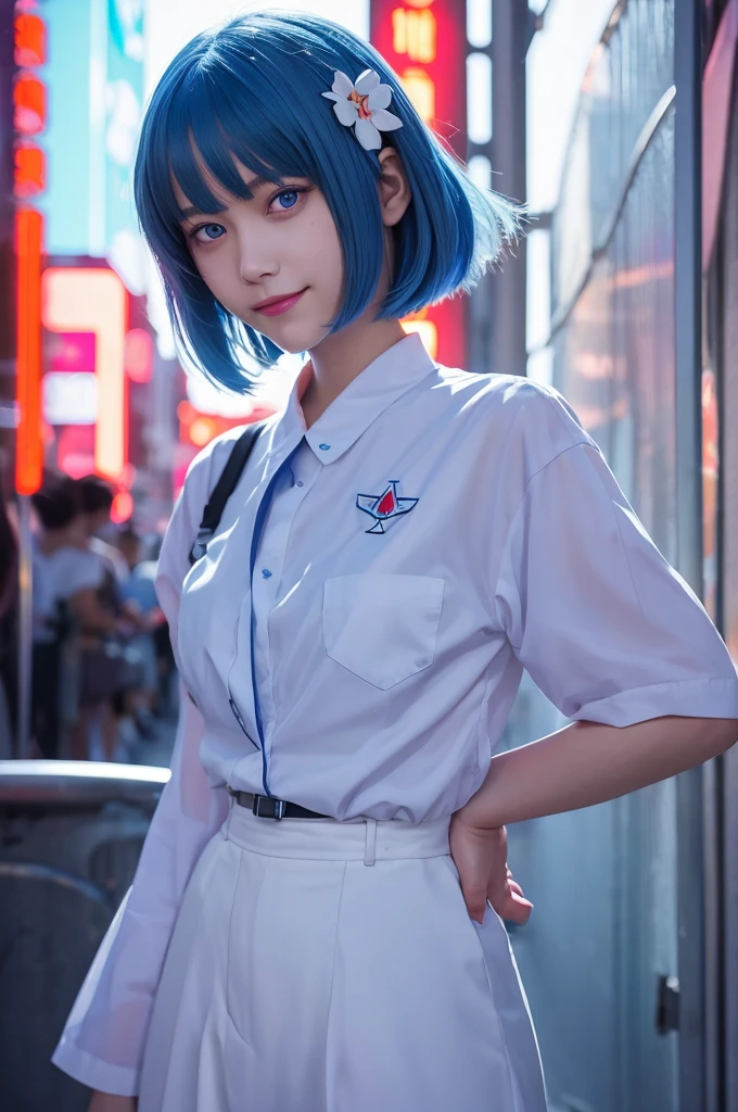 A masterpiece portrait of smiling Rei Ayanami (Evangelion), Evangelion (Hideaki), Caustics, High resolution illustrations, Red eyes, feminine, No students, Blue Hair, short hair, Japanese , loafers, Spank, Synthwave, paint Splashs, Shaded flat illustration, Digital Art, Trending on Art Station, Very detailed, The finer details, complicated, Splash, Overtake, Vaporware, Neon color