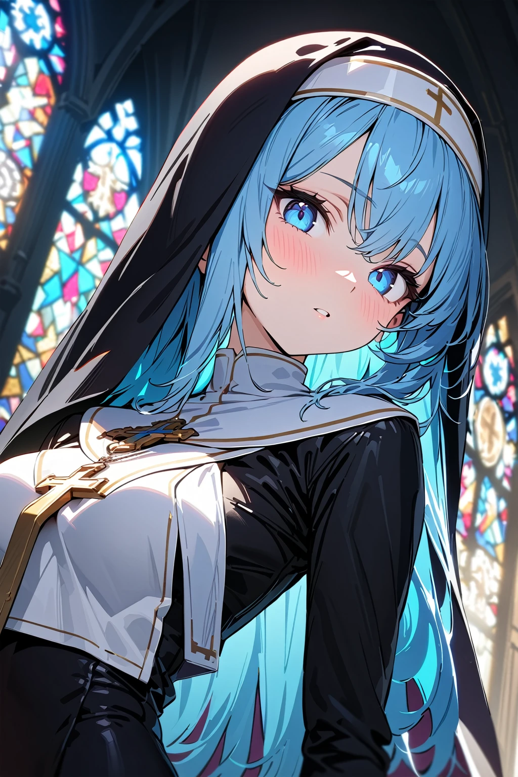(masterpiece, best quality:1.5), (ultra detailed, high resolution, 8k, beautiful detailed, UHD, best anatomy), 1 cool girl, pale blue hair, medium breasts, nun's habit, church, stained glass, Intense gaze, cross, Blurry background