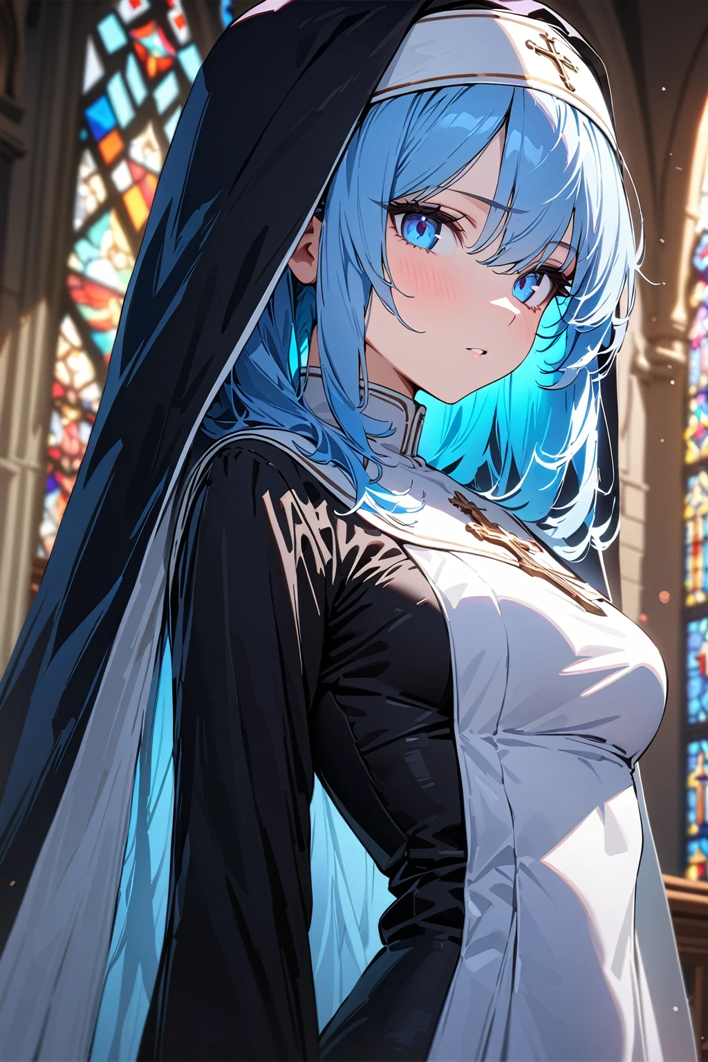 NSFW,masterpiece,Highest quality,High resolution,Very detailed,white\(no game No life\),Long Hair,Multicolored Hair,Hair between the eyes,Gradient Hair,Yellow Eyes,Flat Chest,blush,(Nuns),(Monastic uniform),(Sister),church,(Confession Room),Small private room,(Male clergyman),Man touching his thigh