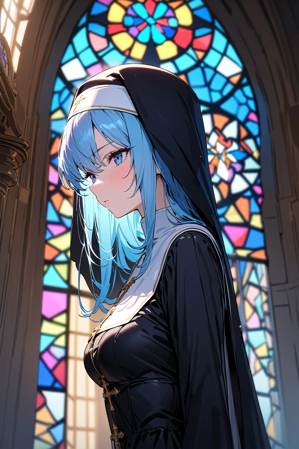 (masterpiece, best quality:1.5), (ultra detailed, high resolution, 8k, beautiful detailed, UHD, best anatomy), 1 cool girl, pale blue hair, medium breasts, nun's habit, church, stained glass, Intense gaze, cross, Blurry background