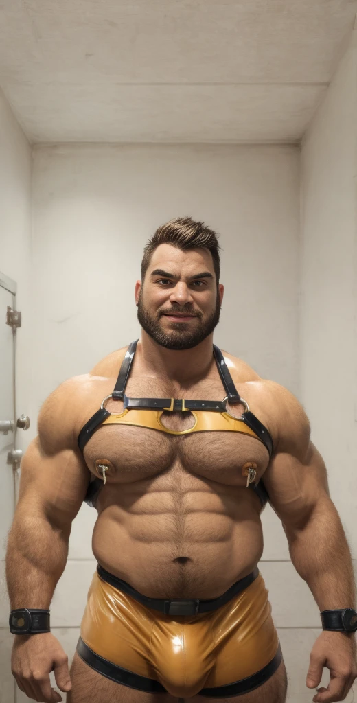 Scooby dom, 20 years old, short hair, men, hairy, hairyalpha, BeardAlpha, wearing a superhero clothes, wearing a superhero cape, furry, tight uniform, latex, gloves, elbow pads, shoulder pads, wearing a pectoral harness, oversized pectorals, heavy pectorals, oversized bulge, intimidating, smirking, nipple rings, angry, threatening, bara, prison background