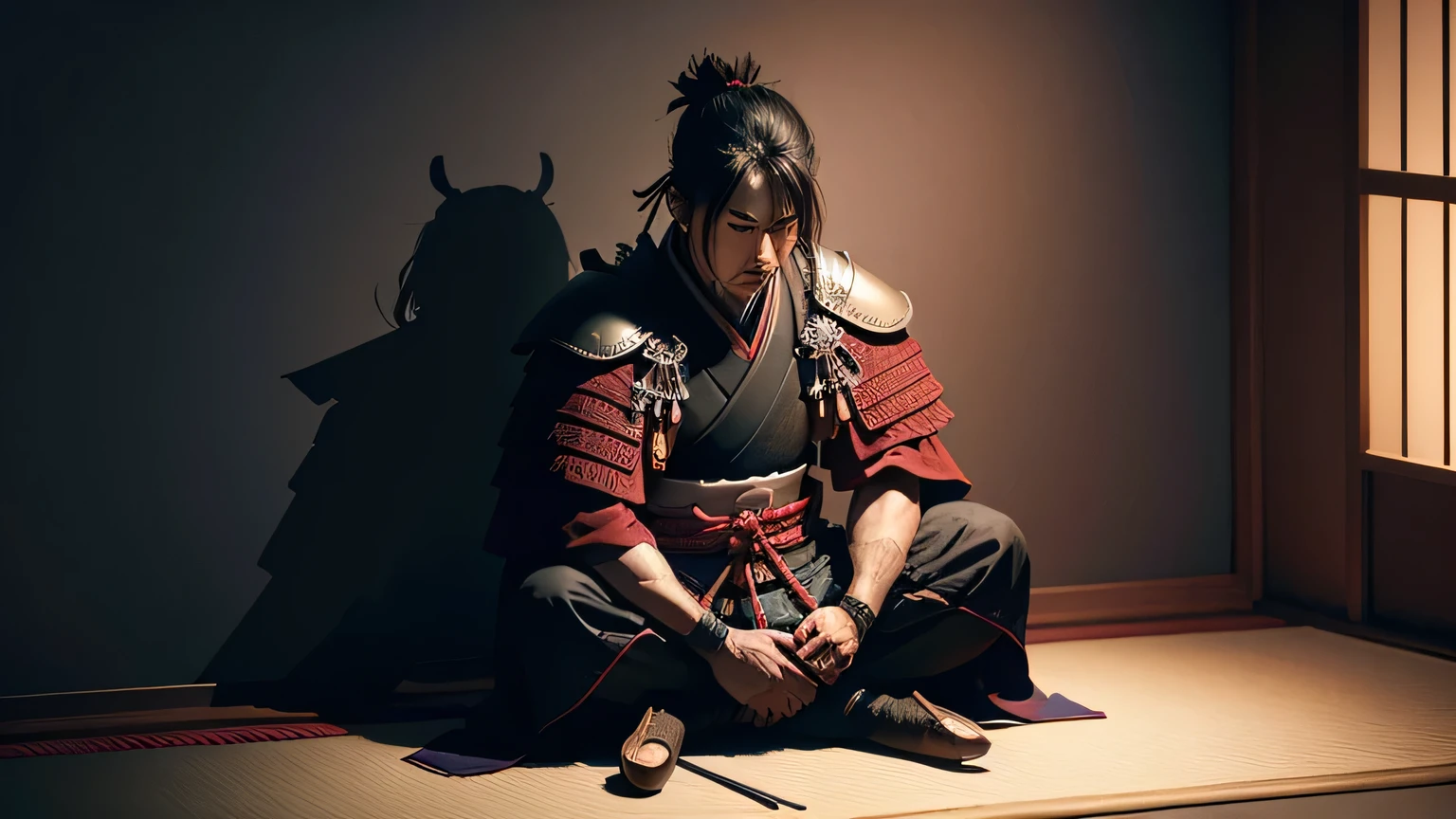 create an image of a samurai sitting alone in a dark room, looking at the wall