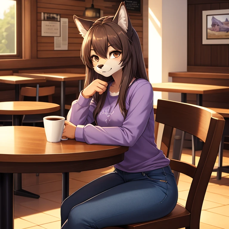 Masterpiece, best quality, high quality, One furry anthro girl, an all Grey wolf anthro, brown eyes, beautiful eyes, wears purple shirt and blue farmer jeans, in the cafe, sit on the chair, in front of the table, a cup of coffee on the table