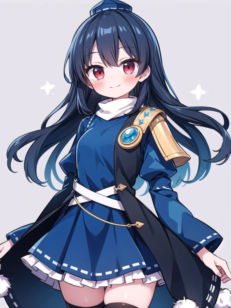 1girl, masterpiece, best quality, perfect hands, iizunamaru megumu, black skirt, blue hair, long hair, shoulder armor, single pauldron, gem, sleeveless coat, black coat, dress, frilled dress, ribbon trim, pom pom (clothes), smile, blush, blue tokin hat, red eyes, black thighhighs