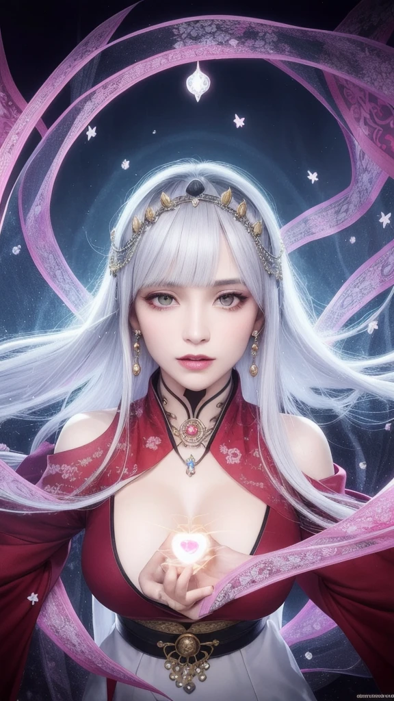 (masterpiece, top quality, 1 female, solo, exquisite details, chromatic aberration), (realistic), (skin), ((breathing)), (silver hair, blunt bangs, short cut straight long hair, short cut bangs, silver hair), beautiful hair, red headdress, blue highlights, hair over one eye, cute eyes,purple eyes, thick lips, earrings, piercing eyes, ((gold and white kimono)), ((symmetrical eyes)), ((perfectly symmetrical body)), ((perfectly symmetrical hands)), (purerosface_v1:0.3), night, (((self, natural light))), bright lighting, flowers blooming in the background, front of viewer, ((central shot, from the front, (face and waist))), mysterious atmosphere, flowers blooming around, light colored background, fortune teller in kimono, beautiful fortune teller, fortune teller, fantasy female fortune teller, female fortune teller, f Fantasy photography, magician, witch fairy tale, Japanese style, elegant cinematic fantasy art, fantasy woman, magician portrait, casting a spell, fortune teller, A powerful wizard stands in a mysterious forest, fluttering robes adorned with symbols, holding a glowing heart crystal ball, eyes glowing with mystical energy, spells leaking from his mouth, vivid swirling patterns of black magic pulsating in hues of red and blue appear in the air, magic permeates, flowers bloom and sacred creatures gaze in awe, threads of magical energy dance, revealing hidden realms and unravelling secrets, capturing the essence of this enchanting moment and bringing to life the mysterious power of black magic on a canvas of the highest quality and finest detail. Top Quality, Masterpiece, Ultra High Resolution, (Photorealistic: 1.4), RAW Photo, Sharp Focus, High Resolution, Detailed Skin, .