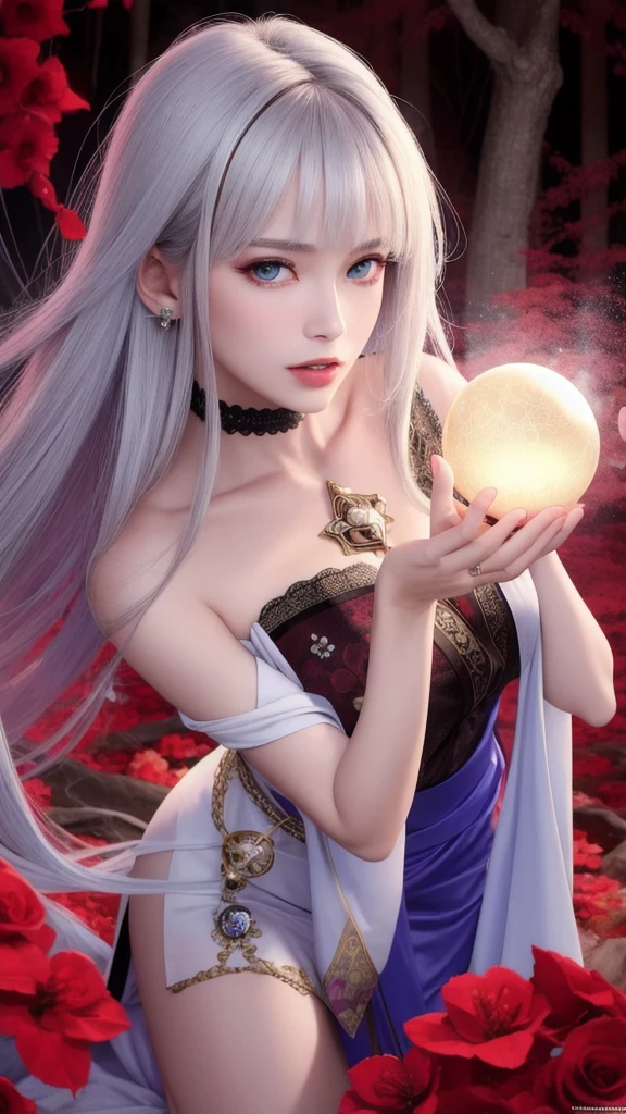 (masterpiece, top quality, 1 female, solo, exquisite details, chromatic aberration), (realistic), (skin), ((breathing)), (silver hair, blunt bangs, short cut straight long hair, short cut bangs, silver hair), beautiful hair, red headdress, blue highlights, hair over one eye, purple eyes, thick lips, earrings, piercing eyes, ((pink and white kimono)), ((symmetrical eyes)), ((perfectly symmetrical body)), ((perfectly symmetrical hands)), (purerosface_v1:0.3), night, (((self, natural light))), bright lighting, flowers blooming in the background, front of viewer, ((central shot, from the front, (face and waist))), mysterious atmosphere, flowers blooming around, light colored background, fortune teller in kimono, beautiful fortune teller, fortune teller, dark fantasy female fortune teller, female fortune teller, f Fantasy photography, magician, witch fairy tale, Japanese style, elegant cinematic fantasy art, fantasy woman, magician portrait, casting a spell, fortune teller, unsexy kimono, A powerful wizard stands in a mysterious forest, fluttering robes adorned with symbols, holding a glowing heart crystal ball, eyes glowing with mystical energy, spells leaking from his mouth, vivid swirling patterns of black magic pulsating in hues of red and blue appear in the air, magic permeates, flowers bloom and sacred creatures gaze in awe, threads of magical energy dance, revealing hidden realms and unravelling secrets, capturing the essence of this enchanting moment and bringing to life the mysterious power of black magic on a canvas of the highest quality and finest detail. Top Quality, Masterpiece, Ultra High Resolution, (Photorealistic: 1.4), RAW Photo, Sharp Focus, High Resolution, Detailed Skin, .