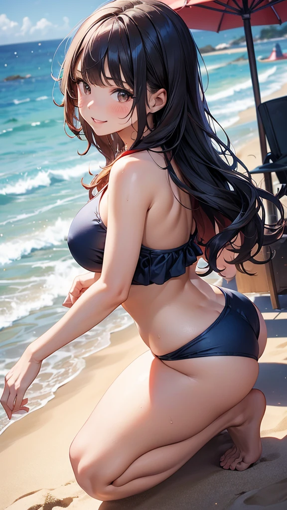 1girl, solo, bangs, blue wavy hair, parted lips, brown eyes, long hair, smile, solo, two piece red halter swimsuit, sandy pier background, kneeling