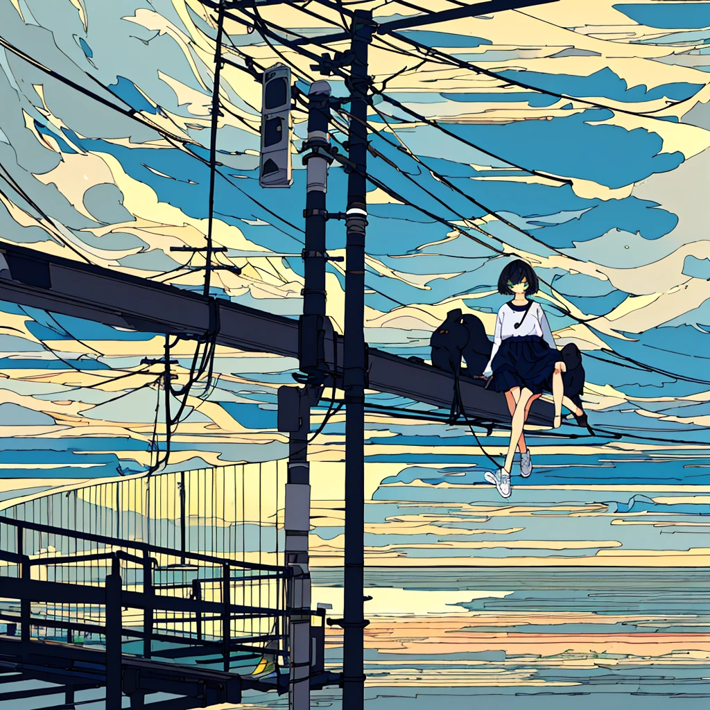 masterpiece, Exquisite detail,Highest quality, One girl, alone, handrail, cloud, Sitting, Outdoor, whale, short hair, shoes, null, Long sleeve, sneakers, Power lines, White footwear, Black Hair, View your viewers, Electric pole, bangs, cloudy null, fish, bird, Green Eyes, Shorts, animal, Day, Black Shirt, barefoot