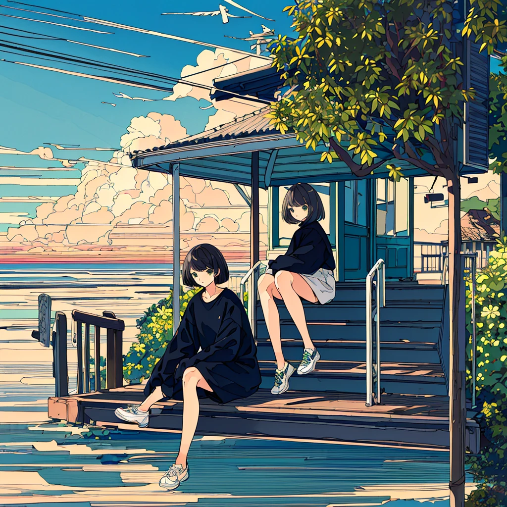 masterpiece, Exquisite detail,Highest quality, One girl, alone, handrail, cloud, Sitting, Outdoor, whale, short hair, shoes, null, Long sleeve, sneakers, Power lines, White footwear, Black Hair, View your viewers, Electric pole, bangs, cloudy null, fish, bird, Green Eyes, Shorts, animal, Day, Black Shirt, barefoot