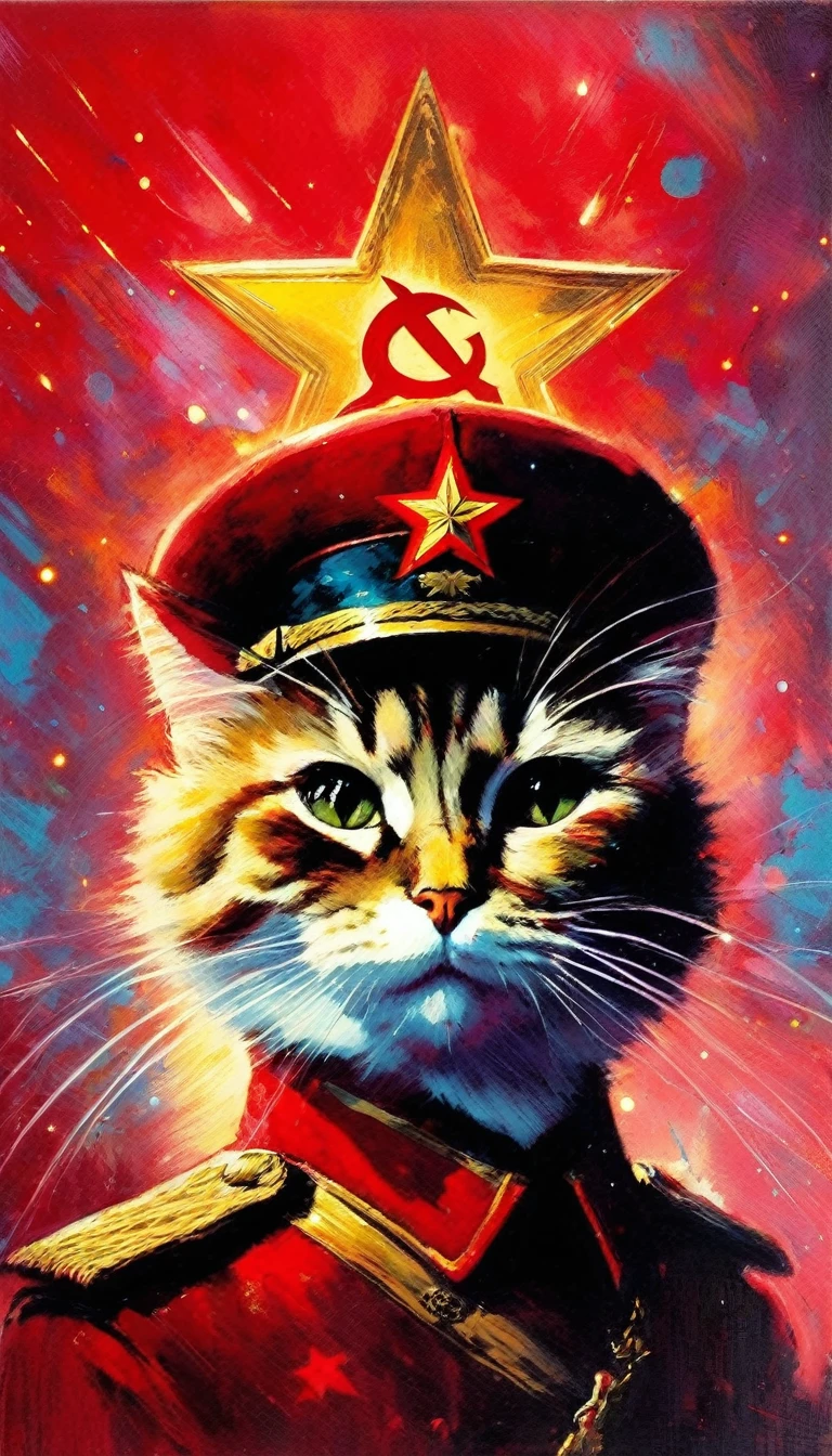 the communist cat, red star, magic, (art inspired in Bill Sienkiewicz). oil painting)
