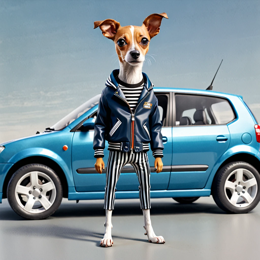 A skinny car with a dog. Wearing a jacket and pants with stripes. Realistic
