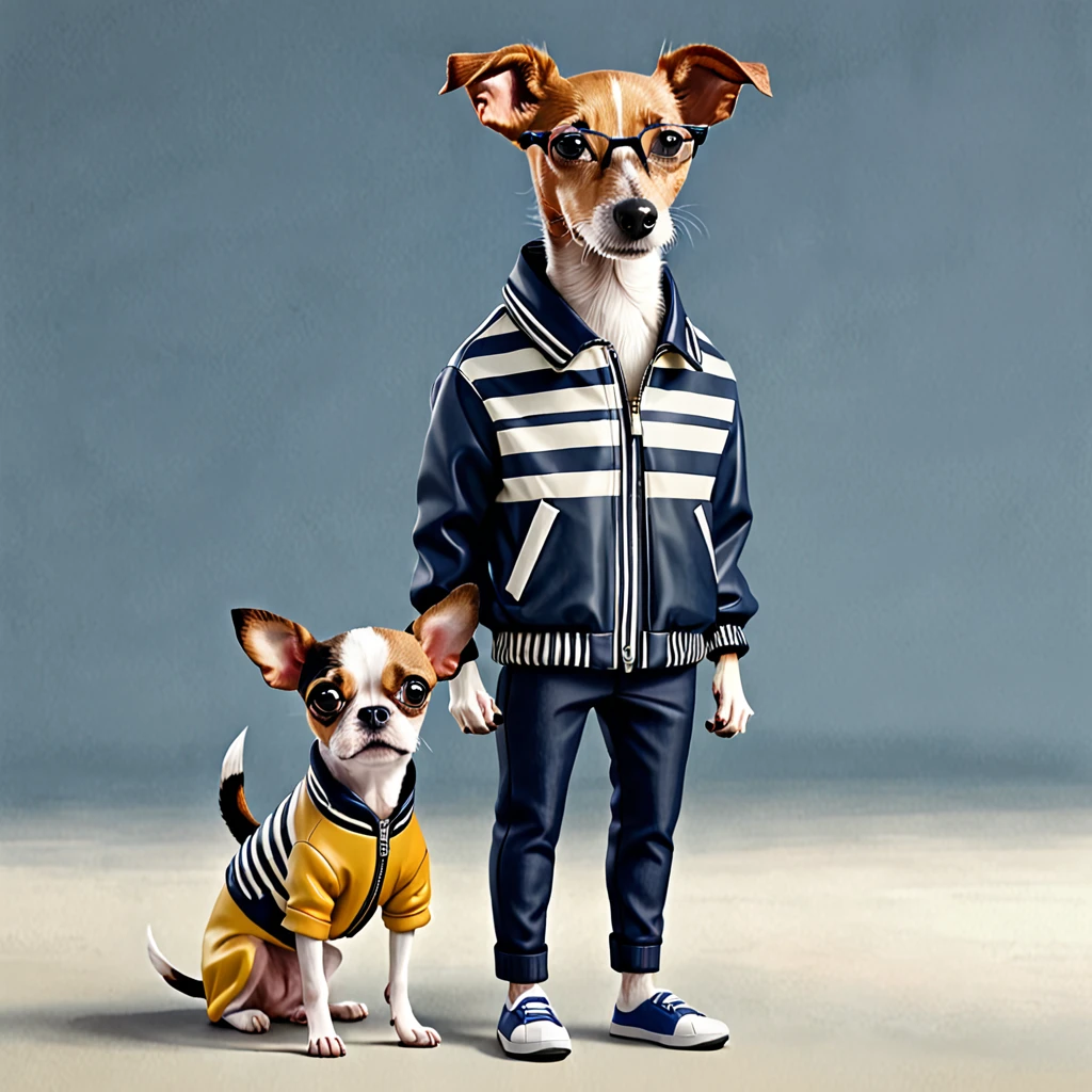 A skinny car with a dog. Wearing a jacket and pants with stripes. Realistic