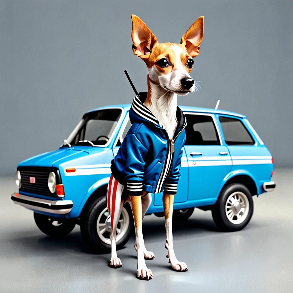 A skinny car with a dog. Wearing a jacket and pants with stripes. Realistic