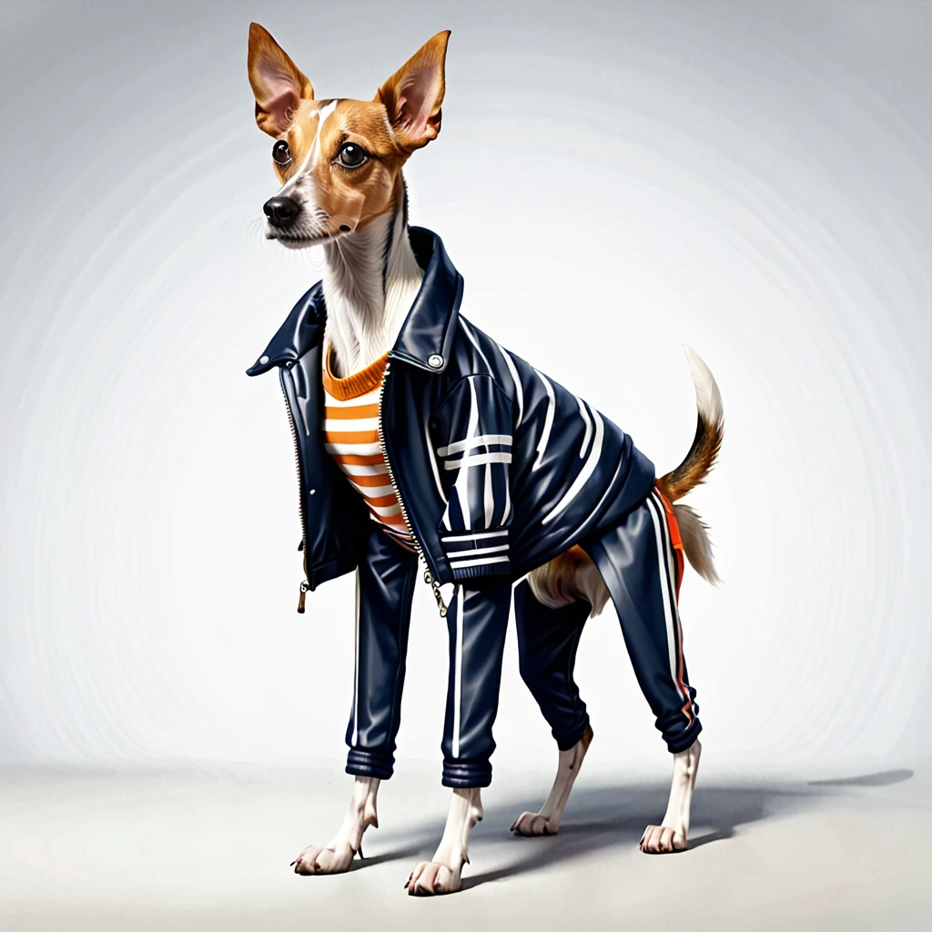 A skinny car with a dog. Wearing a jacket and pants with stripes. Realistic