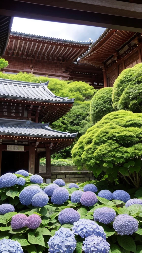 Fantastic landscape、Hydrangea in bloom, old temple, weather cloudy.