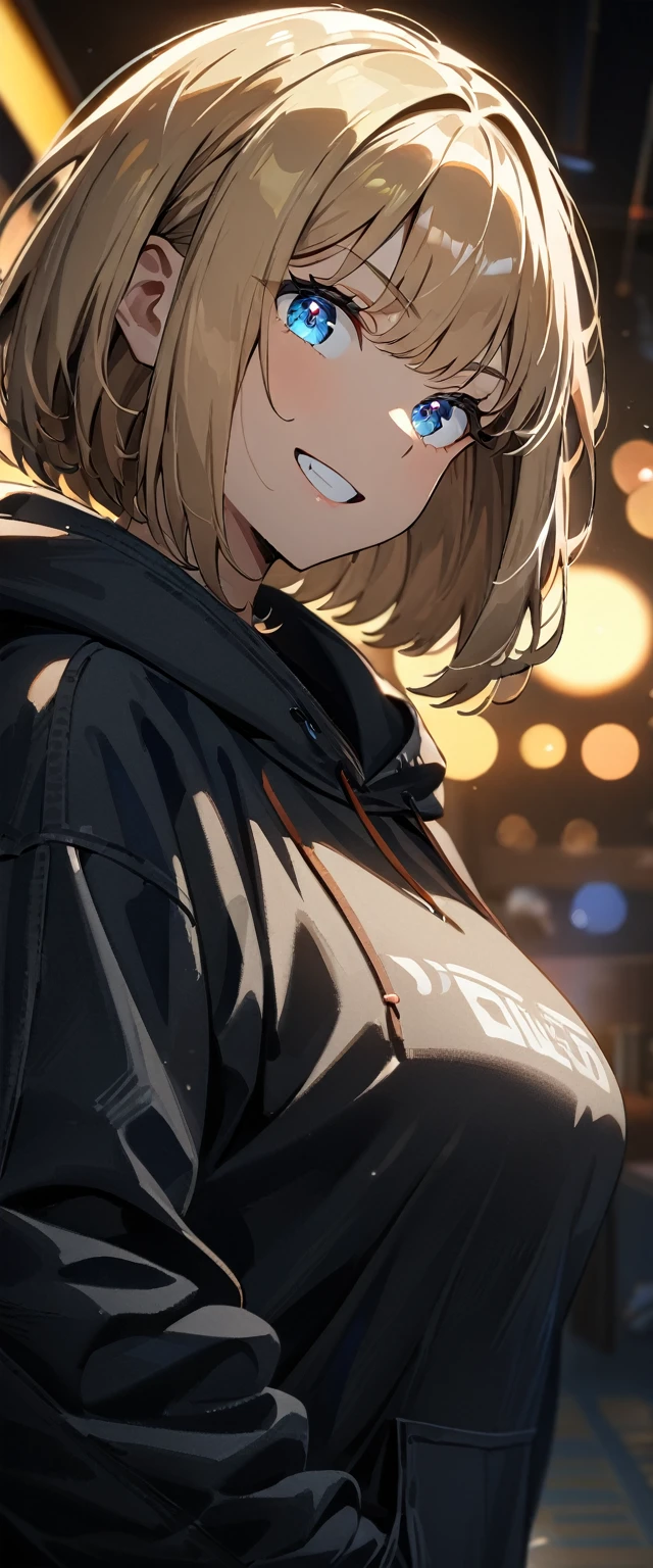 (((One girl))), blond hair, bob cut, (upper body), (looking at viewer), big breasts, head tilt, (((blue eye))), (from side), hand in pocket, ((grin)), black hoodie, anime style, (best quality, 4k, 8k, highres, masterpiece:1.2), ultra-detailed, ultra-detailed eyes, HDR, UHD, studio lighting, ultra-fine painting, sharp focus, physically-based rendering, extreme detail description, professional, vivid colors, bokeh)