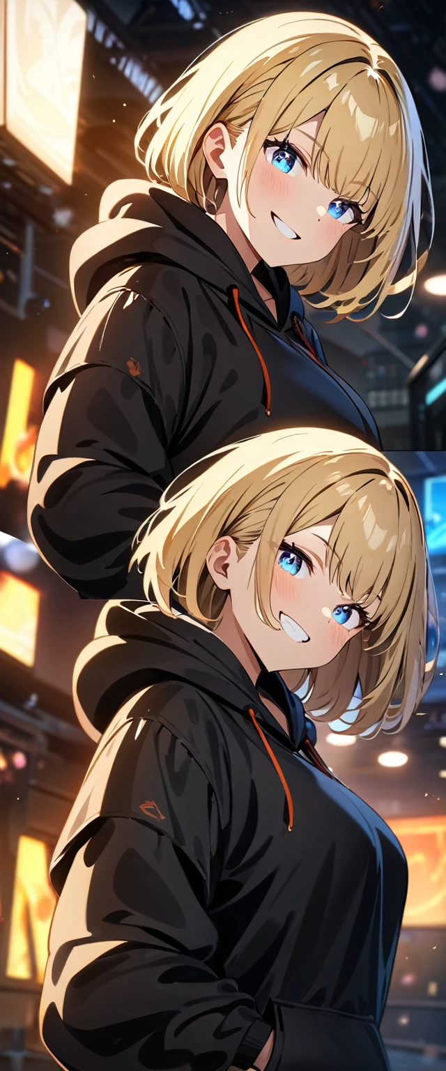 (((One girl))), blond hair, bob cut, (upper body), (looking at viewer), big breasts, head tilt, (((blue eye))), (from side), hand in pocket, ((grin)), black hoodie, anime style, (best quality, 4k, 8k, highres, masterpiece:1.2), ultra-detailed, ultra-detailed eyes, HDR, UHD, studio lighting, ultra-fine painting, sharp focus, physically-based rendering, extreme detail description, professional, vivid colors, bokeh)