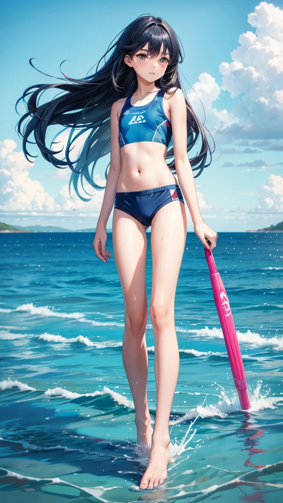 Sissy Boy, blue long hair ,Sports bras,swim trunks,Thin legs,barefoot,Standing,Sea