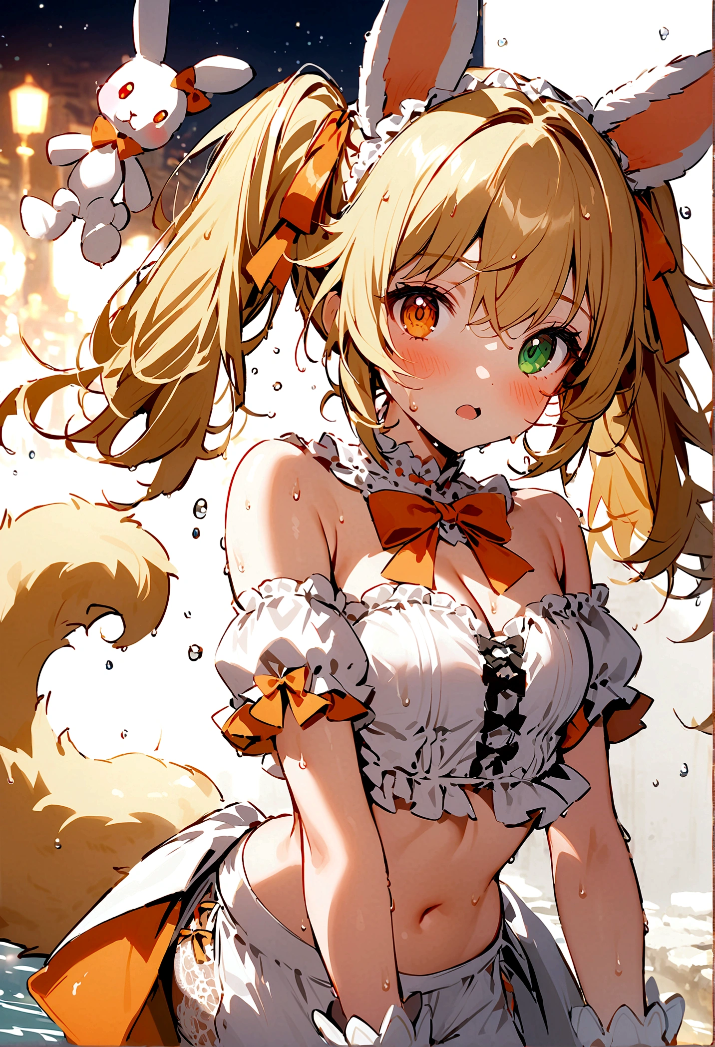 1girl, animal ears, bangs, bare shoulders, blonde hair, blush, bow, breasts, white cleavage, cropped torso, , green eyes, hair ribbon,On the riverbank, night, wet hair, wet tail heterochromia, stlooking at viewer, open mouth, orange bow, orange eyes, orange ribbon, ears like an unearthly animal, fluffy tail, light tail, real tail, ribbon, solo, stuffed animal, stuffed bunny, stuffed toy, twintails, upper body, full-length, white legbands, white shoes with lace and white bows, white background, wrist cuffs, yellow eyes, bloomers, close-up, fair skin frills, lace, midriff, skirt, solo, , white background,shorts, white top with ribbon and lace and trousers,trousers, genshin,white slippers with a bow,All clothes are white,