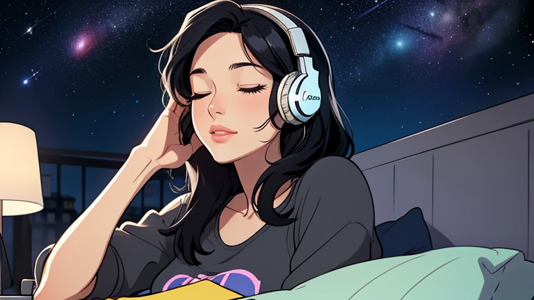 Beautiful woman in her 30s with black hair is sitting with headphones in a stylish bedroom with a beautiful starry sky. Looking down, eyes closed, LOFI girl, relaxing mood, cozy, only five fingers, Paris city, colorful, Well-proportioned face, female Beautiful fingers, summer,