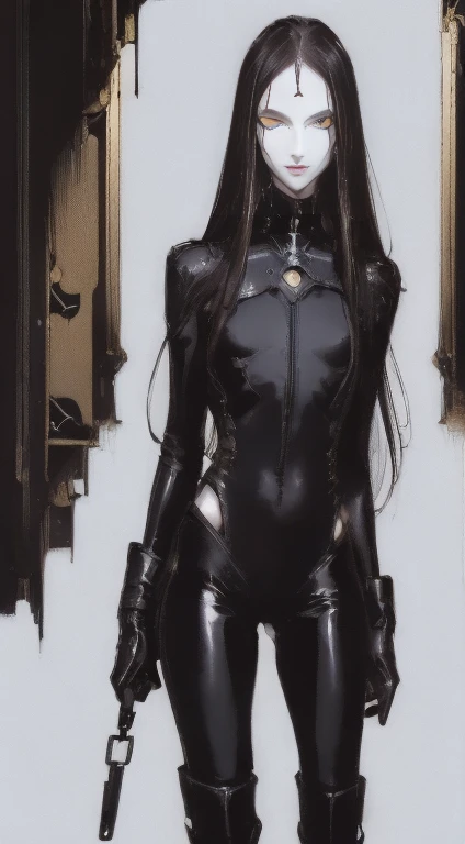Woman alone, European woman, 8k, absurd res, ((wide eyes: 1.4)), flawless face, (crisp black deco style formal business clothing), 1woman, alone, natural body, full body image, 8k, masterpiece, highly detailed, (detailed golden eyes), expressive detailed eyes, pale skin, ((symmetrical eyes)), detailed pupils, realistic skin, some freckles, realistic skin texture, ((small chest: 1.3)), analog style, (chin length hair), ((dark hair: 1.5)), deco cyberpunk setting, entire head and body image, ((her entire head and body must be in view)), perfect anatomy, anatomically correct, ((pale skin)), ((wearing flat boots: 1.3)) ((black blouse)), ((black pants)), (jacket), ((deco-futuristic, cyberpunk))