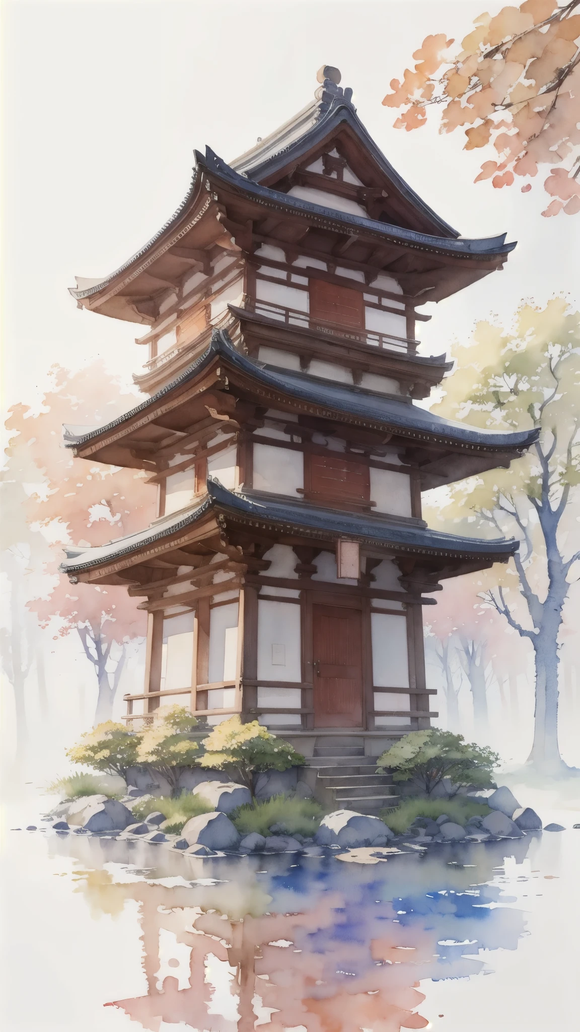 (masterpiece),(Highest quality:1.2),(Very detailed:1.2),(High resolution),(((watercolor))),8K,wallpaper,Japanese Temples,autumn