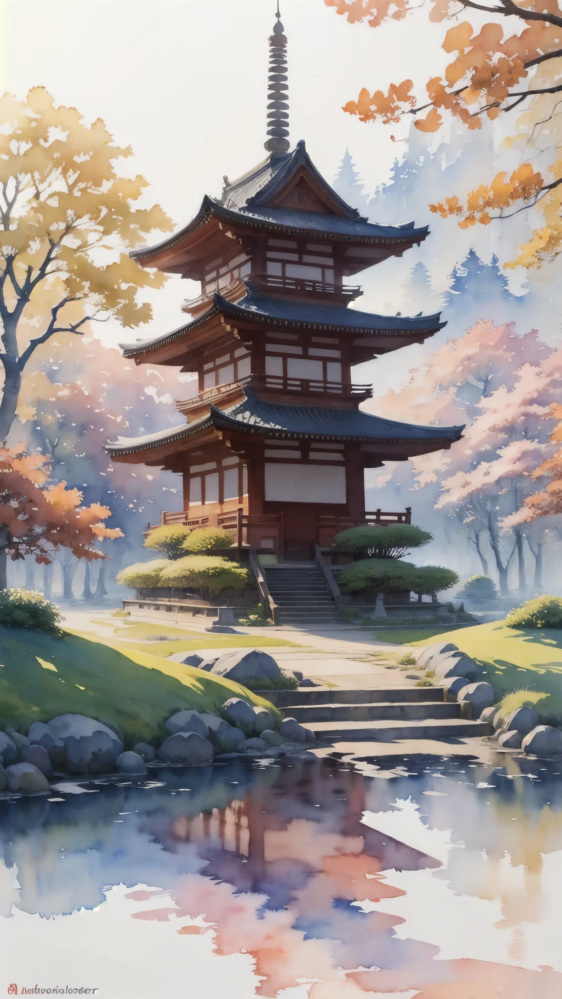 (masterpiece),(Highest quality:1.2),(Very detailed:1.2),(High resolution),(((watercolor))),8K,wallpaper,Japanese Temples,autumn