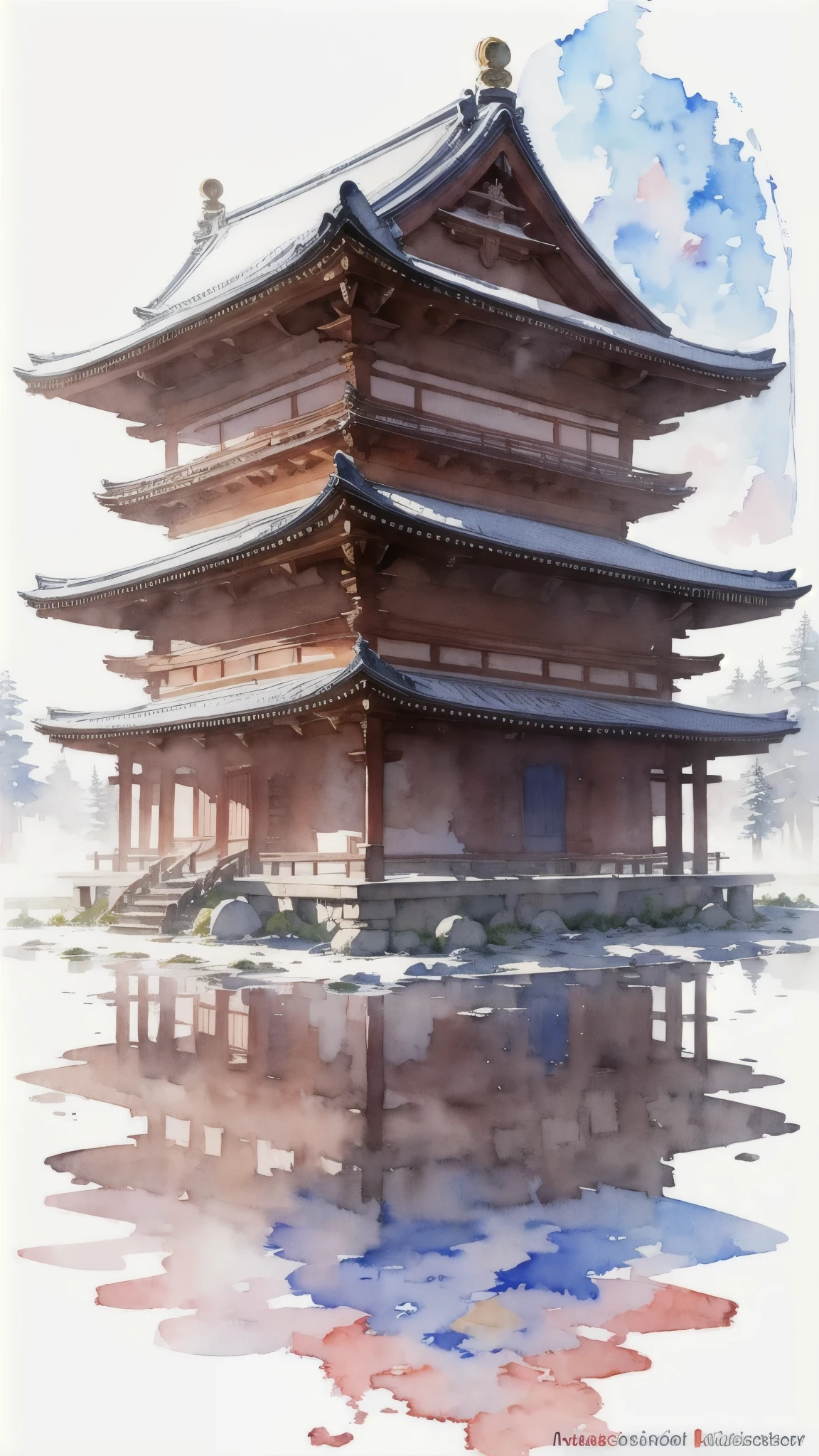 (masterpiece),(Highest quality:1.2),(Very detailed:1.2),(High resolution),(((watercolor))),8K,wallpaper,Japanese Temples,winter