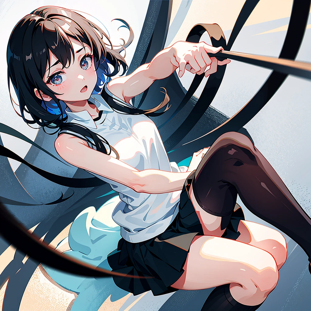 high resolution。High resolution、Low - Angle、masterpiece、Beautiful black-haired girl、17 years old、Round eyes、Playing the Trumpet、White sleeveless。miniskirt and knee socks。sweating、high resolution8K