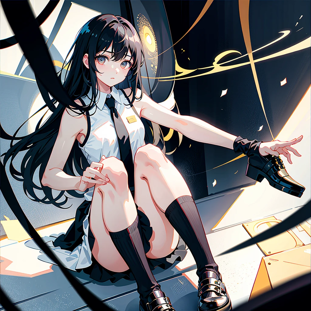 high resolution。High resolution、Low - Angle、masterpiece、Beautiful black-haired girl、、Round eyes、Playing the Trumpet、White sleeveless。miniskirt and knee socks。sweating、high resolution8K