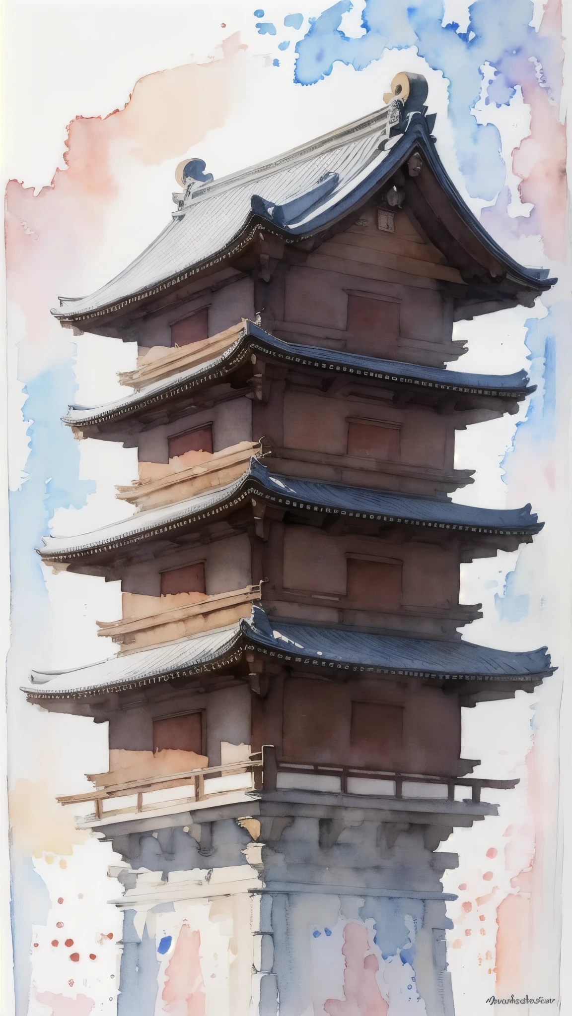 (masterpiece),(Highest quality:1.2),(Very detailed:1.2),(High resolution),(((watercolor))),8K,wallpaper,Japanese Temples,winter