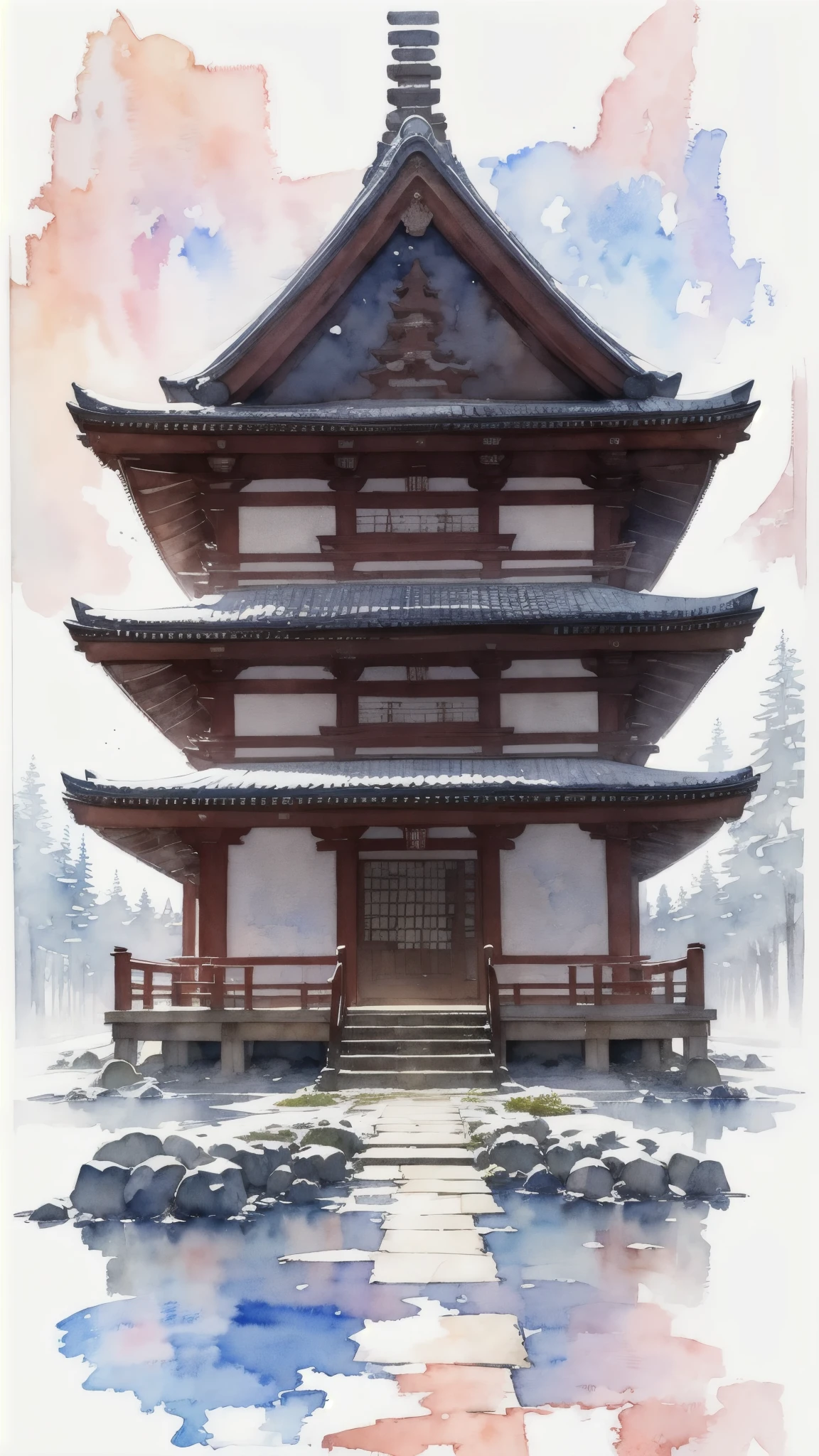 (masterpiece),(Highest quality:1.2),(Very detailed:1.2),(High resolution),(((watercolor))),8K,wallpaper,Japanese Temples,winter