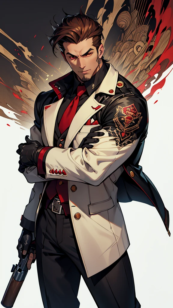 Mafia, male, 45 years old, exuding a dangerous aura, white skin, well-proportioned figure, handsome face, ivory skin, strong physique, red eyes, brown hair, prominent eyebrows, intricate and detailed retro gun tattoos on both arms, black jacket, pants and gloves, and a stern face. A cigar is biting on his mouth, anime