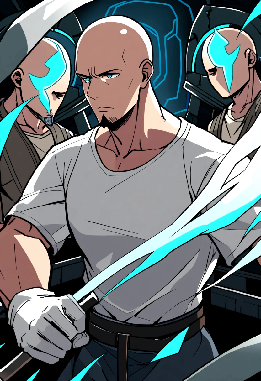 40 year old male, bald head, grey goatee, dark blue eyes, grey tank top, white t-shirt, white gloves, blacksmith