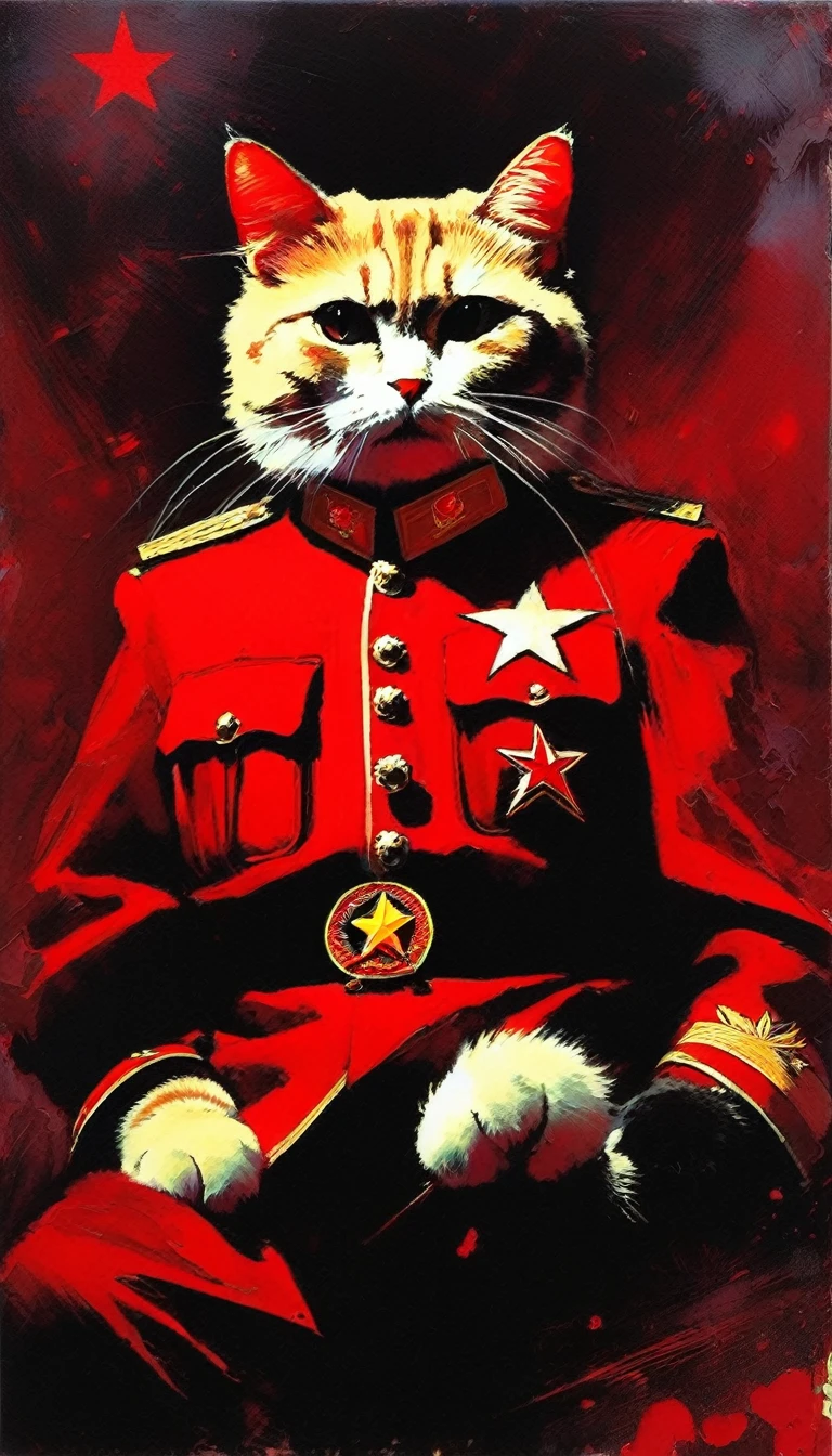 the communist cat, red star,(art inspired in Bill Sienkiewicz). oil painting)