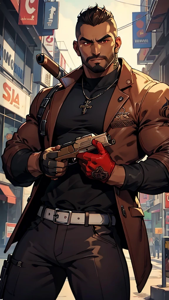 Mafia, male, 45 years old, exuding a dangerous aura, white skin, well-proportioned figure, handsome face, ivory skin, strong physique, red eyes, brown hair, prominent eyebrows, intricate and detailed retro gun tattoos on both arms, black jacket, pants and gloves, and a stern face. A cigar is biting on his mouth, anime