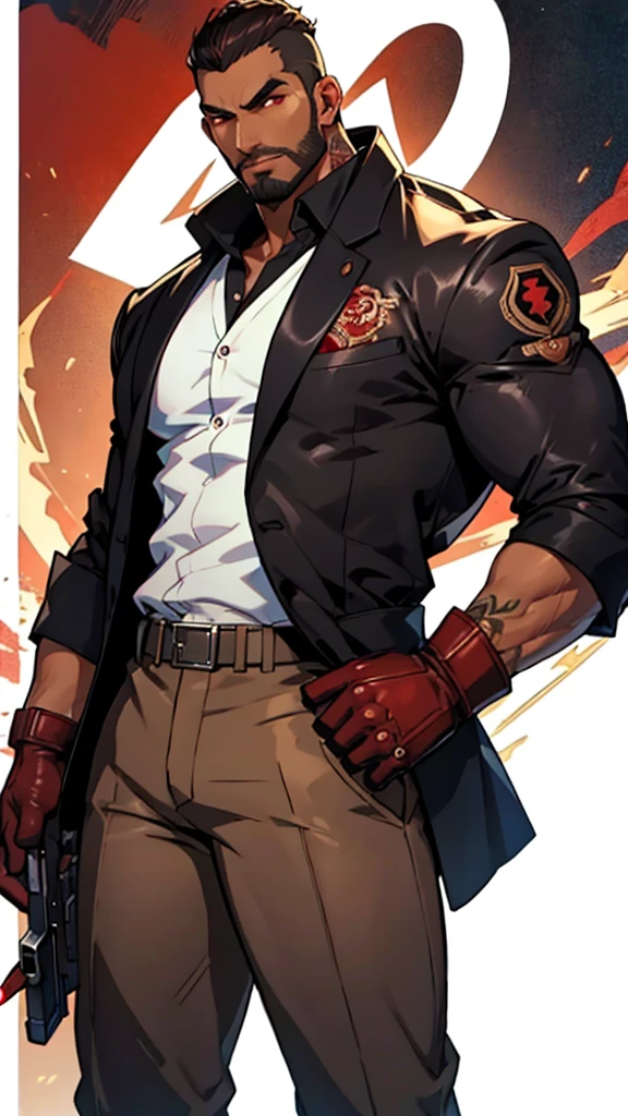 Mafia, male, 45 years old, exuding a dangerous aura, white skin, well-proportioned figure, handsome face, ivory skin, strong physique, red eyes, brown hair, prominent eyebrows, intricate and detailed retro gun tattoos on both arms, black jacket, pants and gloves, and a stern face. A cigar is biting on his mouth, anime