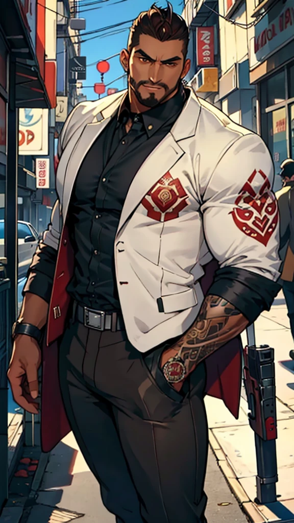 Mafia, male, 45 years old, exuding a dangerous aura, white skin, well-proportioned figure, handsome face, ivory skin, strong physique, red eyes, brown hair, prominent eyebrows, intricate and detailed retro gun tattoos on both arms, black jacket, pants and gloves, and a stern face. A cigar is biting on his mouth, anime