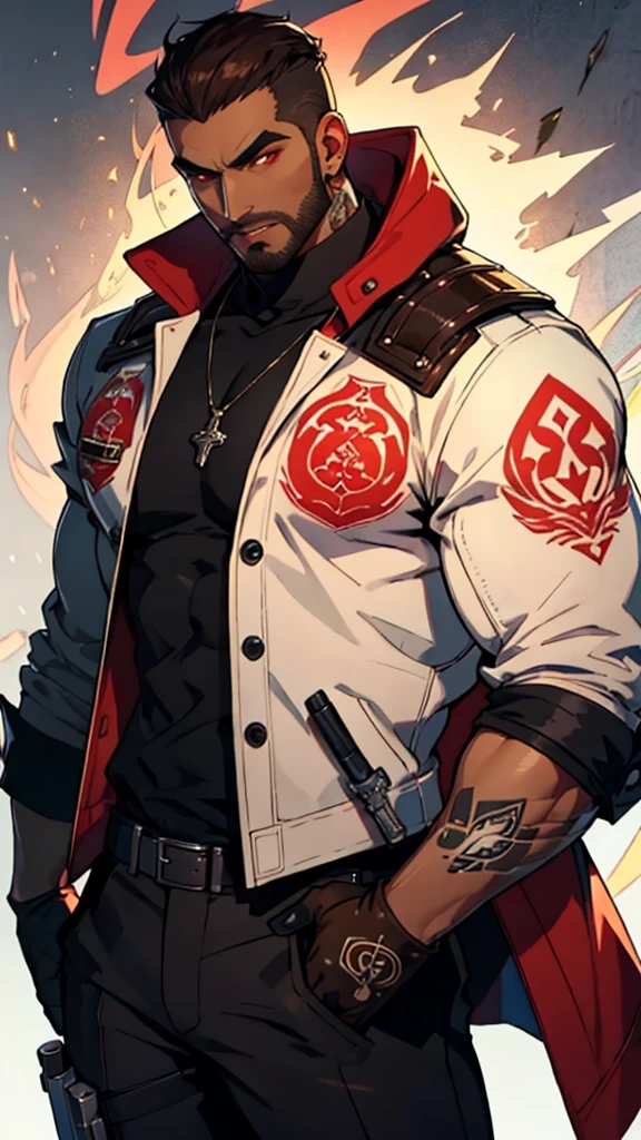 Mafia, male, 45 years old, exuding a dangerous aura, white skin, well-proportioned figure, handsome face, ivory skin, strong physique, red eyes, brown hair, prominent eyebrows, intricate and detailed retro gun tattoos on both arms, black jacket, pants and gloves, and a stern face. A cigar is biting on his mouth, anime