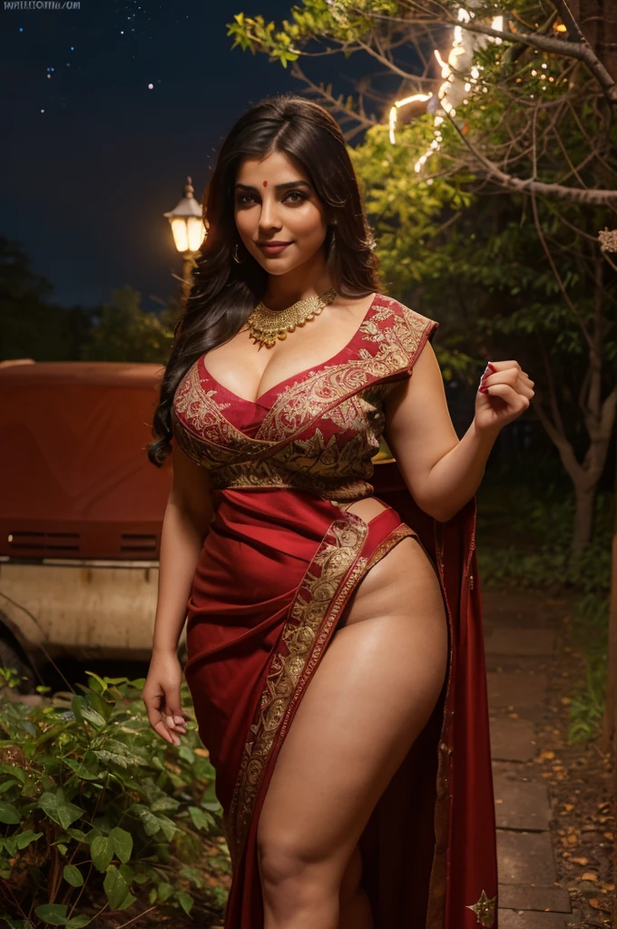 Fantasy setting, bright lights, night scene, forest background, night sky with red moon, stars, romantic and seductive, moonlight, wide angle photo of a indian, 30 yo, vivacious, tattooed, medival indian saree, beautiful legs, mature body, thick thighs, realistic body parts, cheeks, curvy, big breasts, Hollywood lips, long hair, look at viewer and smile, pleasant mood, calm color palette, unified 16k wallpaper, ultra realistic, intricate details, masterpiece, (cinematic:1.3), intricate details, (ArtStation:1.2)