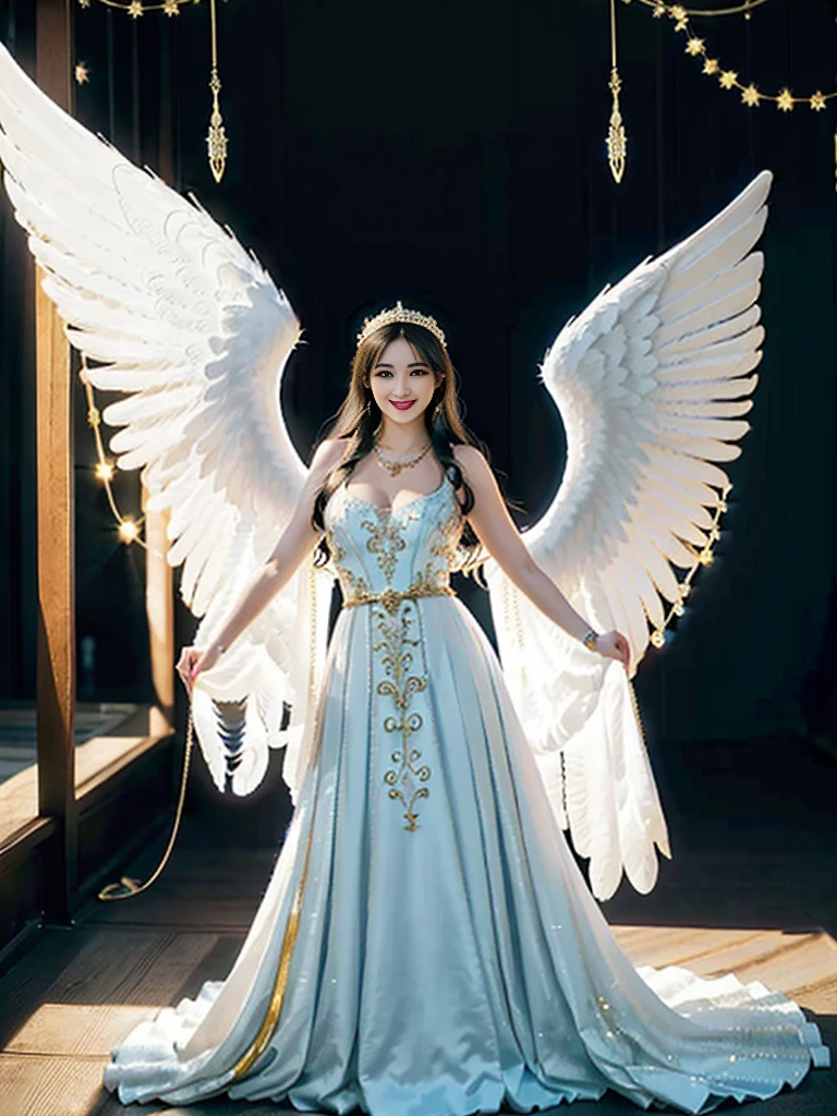 ((Very beautiful angel queen,The final form as a perfect angel, the masterpiece of an angel,Huge and intricate angel wings,The most dignified wings,Golden light,shining background,The most opulent and holy temple background,White and gold temple background,King of Angels, The most dignified angel, ((extremely detailed beautiful dresses)), (Intricate and solemn dresses, Light blue and gold embellishment dress on white, Light blue and gold dress on white base), (The most intricate and beautiful dresses, dresses decorated with some expensive jewels), ((extremely detailed gorgeous jeweled necklace)), Complex and majestic angel figure, The most intricately depicted figure of an angel, The World's Most Beautiful, Unimaginable beauties, (slim figure, attractive body shape, divine atmosphere), (smooth thin hair very fluttering in the wind, shiny hair), Intricate reproduction of the perfect angelic detail, The figure of an unimaginably gorgeous angel, The figure of an unimaginably huge angel)),((Most beautiful face, Half Japan and half Spanish, The biggest happy smile, The most luxurious and intricate dresses, The biggest smile looking at the camera)), Beautiful firm cleavage, beautiful clavicle, (Beautiful firm medium breasts), (Elegant standing figure, Fold your hands in front of your navel,)),Chest that seems to burst, Giant wings of angels, The background is the appearance of a perfect angel castle,Masterpiece,8K,very intricate, ultra detailliart, captivating and visually stunning piece of fractal art featuring, created by a renowned artist, vibrant colors. Formal artistic quality with strong aesthetic appeal.
