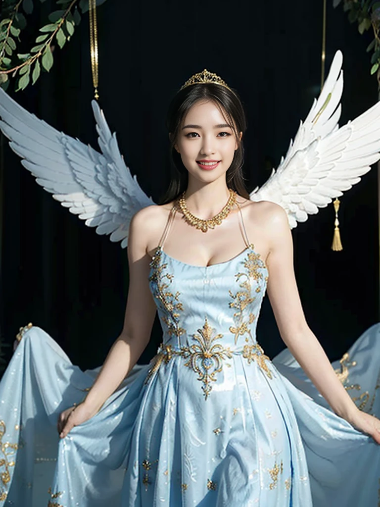 ((Very beautiful angel queen,The final form as a perfect angel, the masterpiece of an angel,Huge and intricate angel wings,The most dignified wings,Golden light,shining background,The most opulent and holy temple background,White and gold temple background,King of Angels, The most dignified angel, ((extremely detailed beautiful dresses)), (Intricate and solemn dresses, Light blue and gold embellishment dress on white, Light blue and gold dress on white base), (The most intricate and beautiful dresses, dresses decorated with some expensive jewels), ((extremely detailed gorgeous jeweled necklace)), Complex and majestic angel figure, The most intricately depicted figure of an angel, The World's Most Beautiful, Unimaginable beauties, (slim figure, attractive body shape, divine atmosphere), (smooth thin hair very fluttering in the wind, shiny hair), Intricate reproduction of the perfect angelic detail, The figure of an unimaginably gorgeous angel, The figure of an unimaginably huge angel)),((Most beautiful face, Half Japan and half Spanish, The biggest happy smile, The most luxurious and intricate dresses, The biggest smile looking at the camera)), Beautiful firm cleavage, beautiful clavicle, (Beautiful firm medium breasts), (Elegant standing figure, Fold your hands in front of your navel,)),Chest that seems to burst, Giant wings of angels, The background is the appearance of a perfect angel castle,Masterpiece,8K,very intricate, ultra detailliart, captivating and visually stunning piece of fractal art featuring, created by a renowned artist, vibrant colors. Formal artistic quality with strong aesthetic appeal.