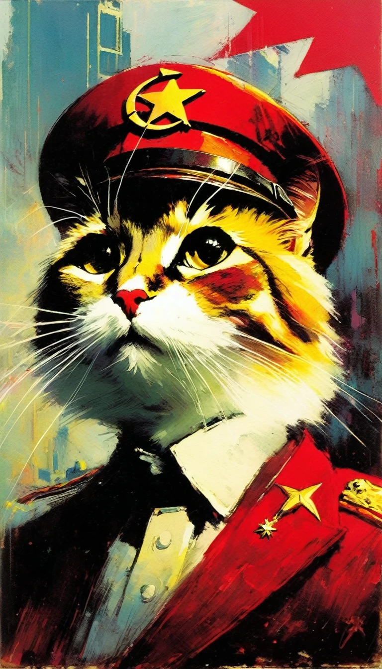 the communist cat, (art inspired in Bill Sienkiewicz). oil painting)