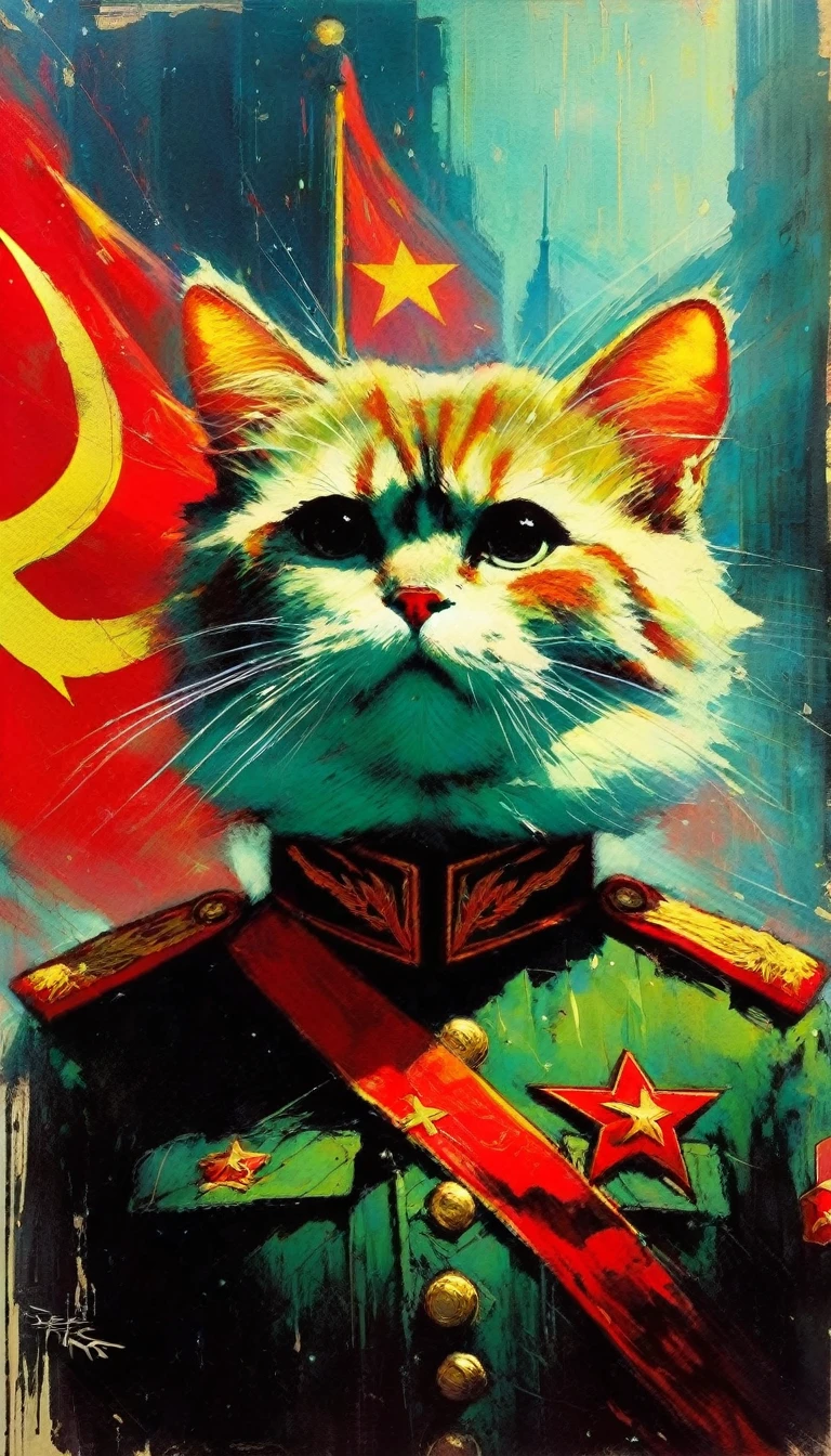 a fluffy white kitten wearing a peaked military cap and a red scarf, in the style of a soviet propaganda poster