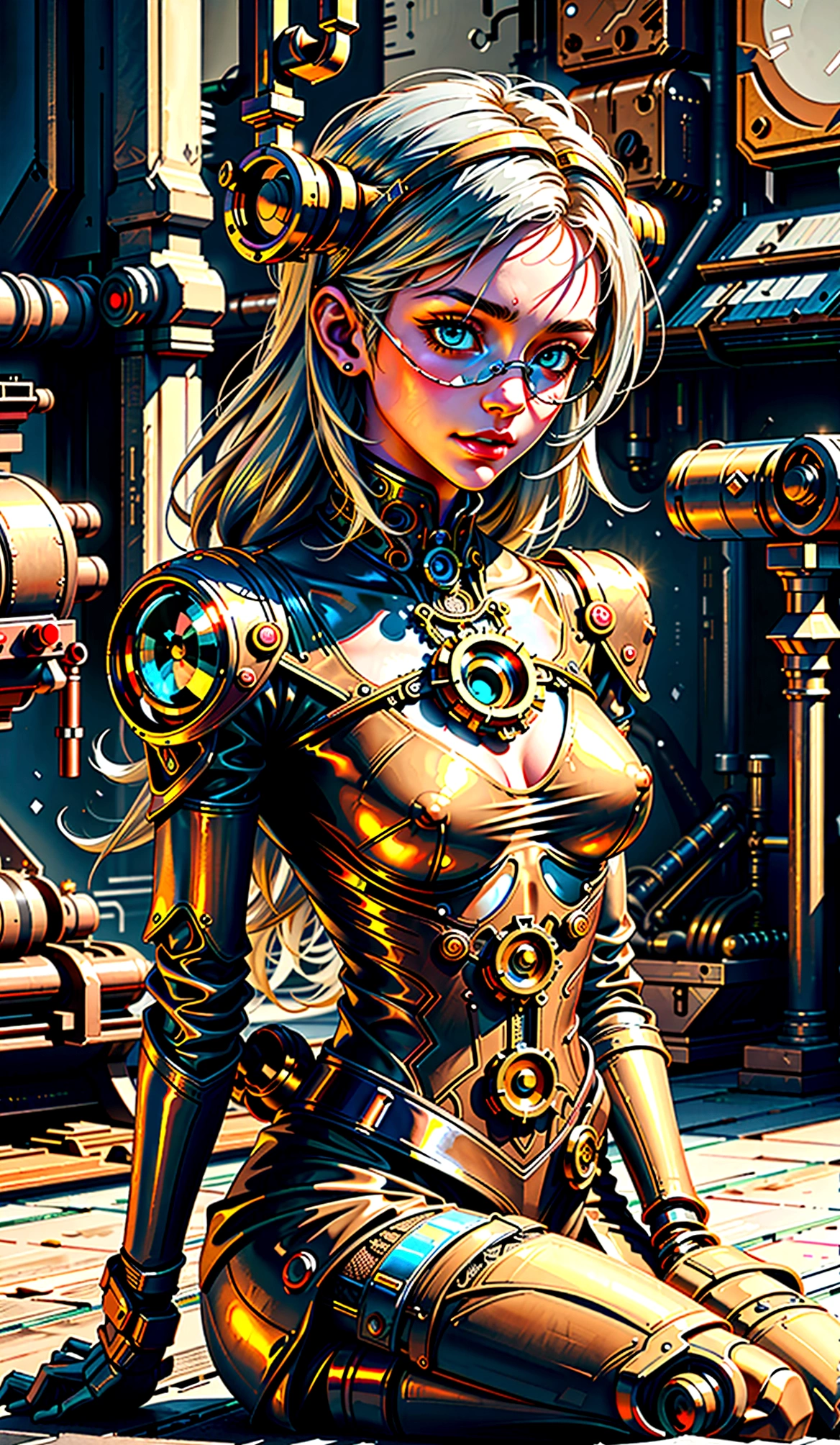 ((​masterpiece)), (best quality), (filmic),(Extreme detail CG Unity 8K wallpaper), 1 girl, fit,Delicious company, small breasts,(no protective goggles on the face)(very long silver hair),a stunning silver-haired steampunk woman sitting on the floor, who lost her forearm in an accident, but instead received a beautifully designed, fine and perfectly fitting robotic prosthesis(steampunk style)sits relaxed on the floor in front of a dystopian steampunk backdrop with machines and factories.and with this prosthesis she shows us a sealed, delicate poison glass bottle with blue liquid in it in. Hand-forearm prosthesis made of brass and leather. She wears Victorian clothing made of fabric and leather and decorative goggles on her head, also made of brass and leather. The landscape is a bit gloomy, but also impressive.,1 line drawing,the picture,steampunk style 