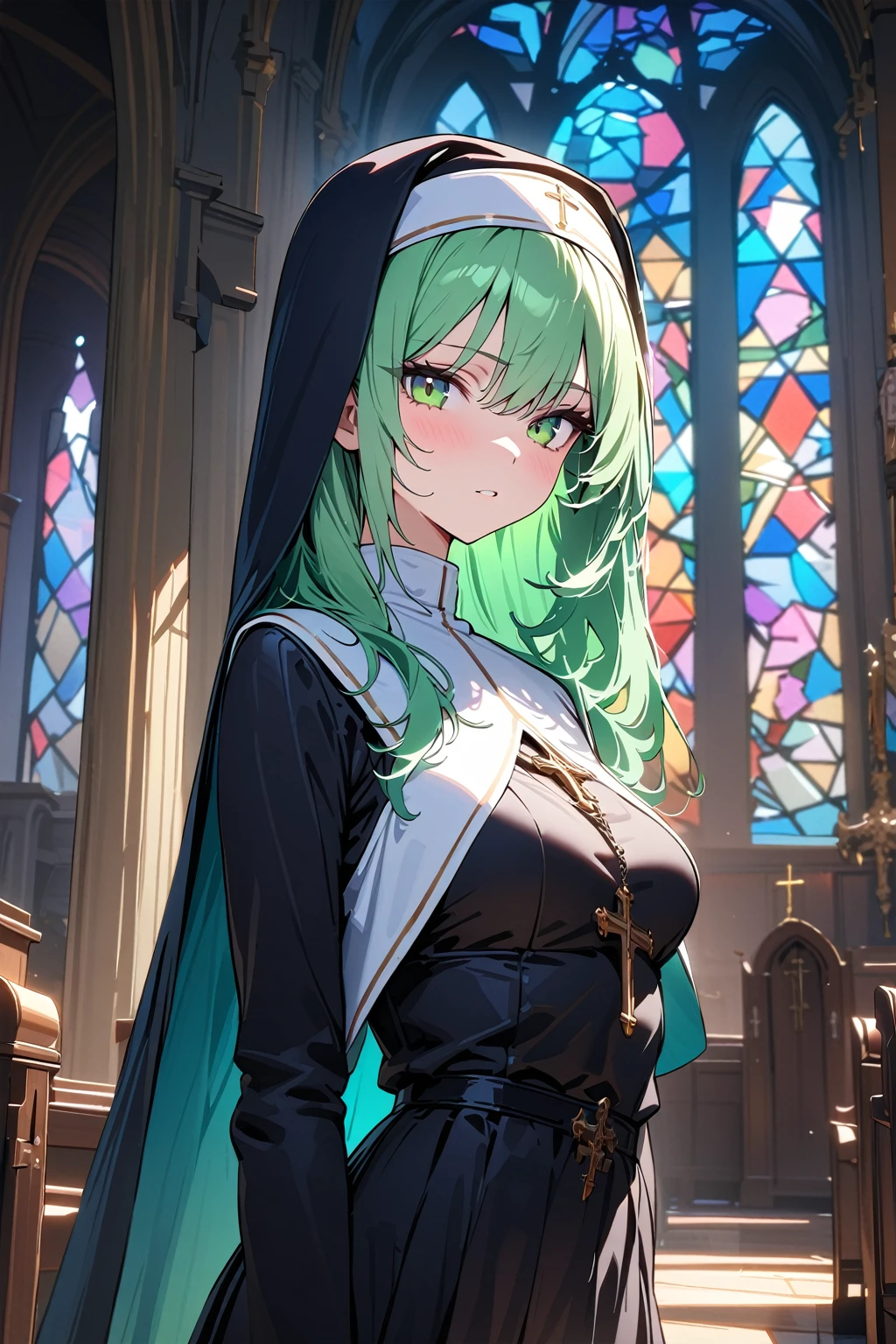 (masterpiece, best quality:1.5), (ultra detailed, high resolution, 8k, beautiful detailed, UHD, best anatomy), 1 cool girl, pale green hair, medium breasts, nun's habit, church, stained glass, Intense gaze, cross, Blurry background