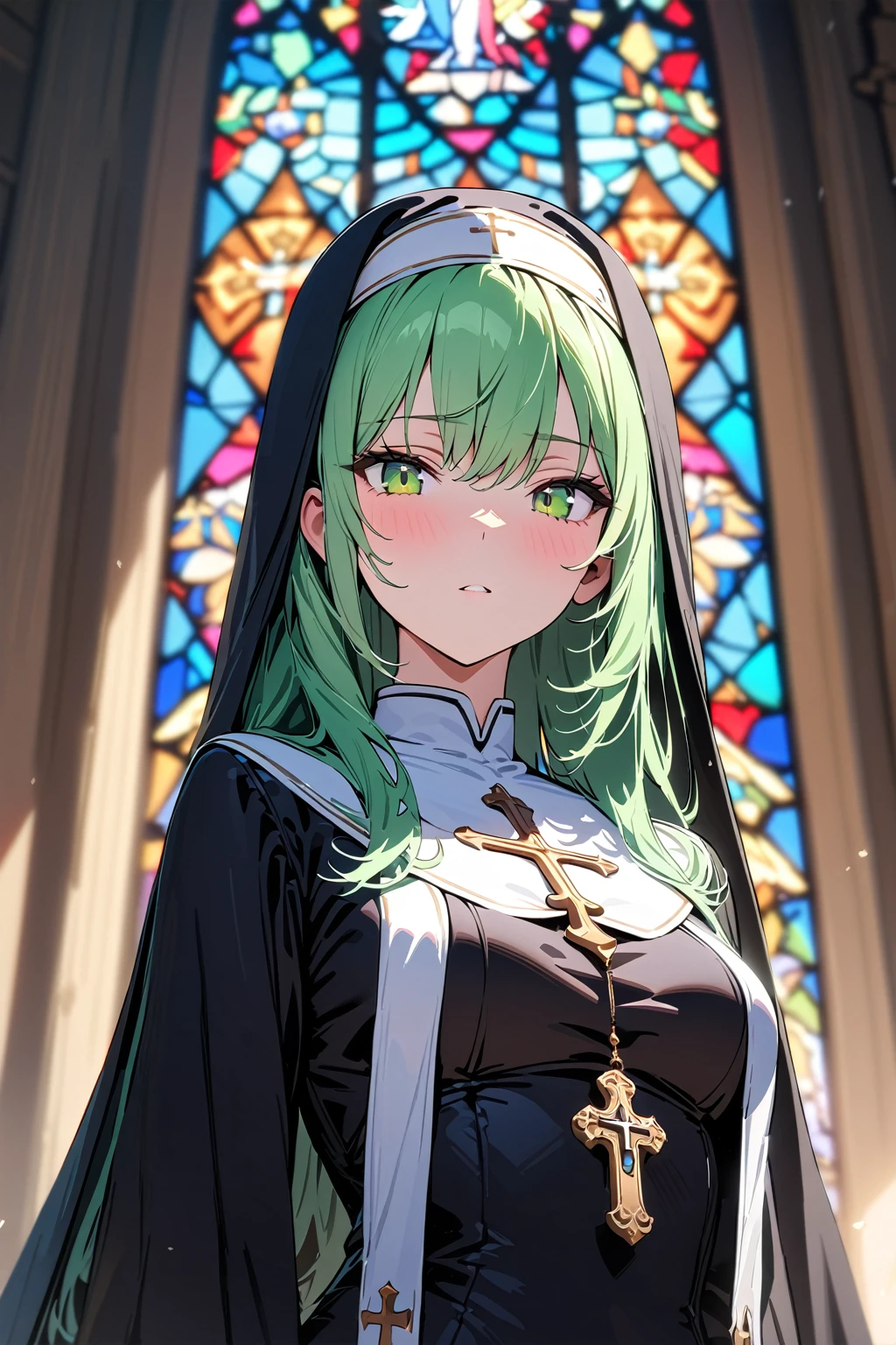 (masterpiece, best quality:1.5), (ultra detailed, high resolution, 8k, beautiful detailed, UHD, best anatomy), 1 cool girl, pale green hair, medium breasts, nun's habit, church, stained glass, Intense gaze, cross, Blurry background